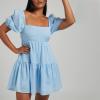 imageShy Velvet Womens Casual Party Mini Summer Dresses Square Neck Short Bubble Sleeve Babydoll DressBlue