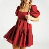 imageShy Velvet Womens Casual Party Mini Summer Dresses Square Neck Short Bubble Sleeve Babydoll DressWine Red