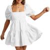 imageShy Velvet Womens Casual Party Mini Summer Dresses Square Neck Short Bubble Sleeve Babydoll DressWhite