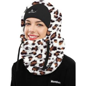 imageShy Velvet Balaclava WindResistant Winter Face MaskFleece Ski Mask for Men and WomenWarm Face Cover Hat Cap ScarfWhite Leopard