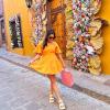 imageShy Velvet Womens Summer Dress Square Neck Short Sleeves Crossover Waist Casual Party Mini DressYellow