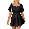 imageShy Velvet Womens Summer Dress Square Neck Short Sleeves Crossover Waist Casual Party Mini DressBlack