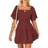 imageShy Velvet Womens Summer Dress Square Neck Short Sleeves Crossover Waist Casual Party Mini DressWine Red