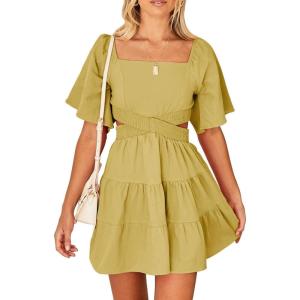 imageShy Velvet Womens Summer Dress Square Neck Short Sleeves Crossover Waist Casual Party Mini DressApricot Yellow