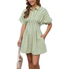image:imageShy Velvet Womens Mini Shirt Dress Casual Button Down Short Sleeve Collared Summer DressesGreen Stripe