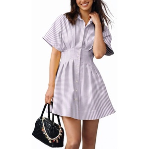 image:imageShy Velvet Womens Mini Shirt Dress Casual Button Down Short Sleeve Collared Summer DressesPurple Stripe