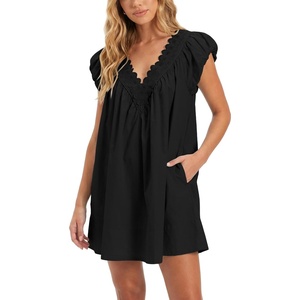 image:imageShy Velvet 2026 Summer Womens Boho Tunic Dress Oversized Flowy Cover Up Beach Vacation Dress with Scalloped Trim and PocketsBlack