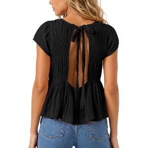 image:imageShy Velvet 2026 Womens Linen Blend Ruched Crop Tops Short Sleeve Tie Back Boho Summer TopsBlack