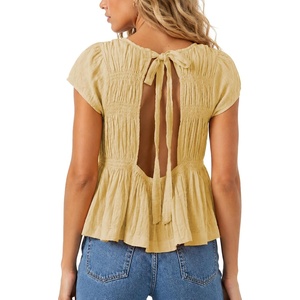 image:imageShy Velvet 2026 Womens Linen Blend Ruched Crop Tops Short Sleeve Tie Back Boho Summer TopsButter Yellow