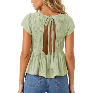 image:imageShy Velvet 2026 Womens Linen Blend Ruched Crop Tops Short Sleeve Tie Back Boho Summer TopsSage Green
