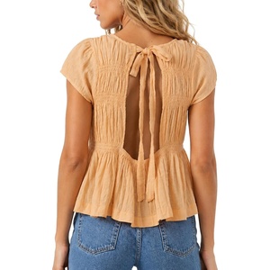 image:imageShy Velvet 2026 Womens Linen Blend Ruched Crop Tops Short Sleeve Tie Back Boho Summer TopsSoft Peach
