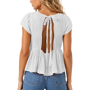 image:imageShy Velvet 2026 Womens Linen Blend Ruched Crop Tops Short Sleeve Tie Back Boho Summer TopsWhite