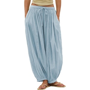image:imageShy Velvet Women Linen Blend Pants Lightweight Drawstring Elastic Waist Boho Summer Beach Vacation Pants with PocketsLight Blue