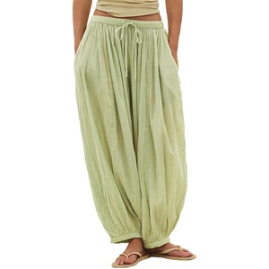 image:imageShy Velvet Women Linen Blend Pants Lightweight Drawstring Elastic Waist Boho Summer Beach Vacation Pants with PocketsSage Green